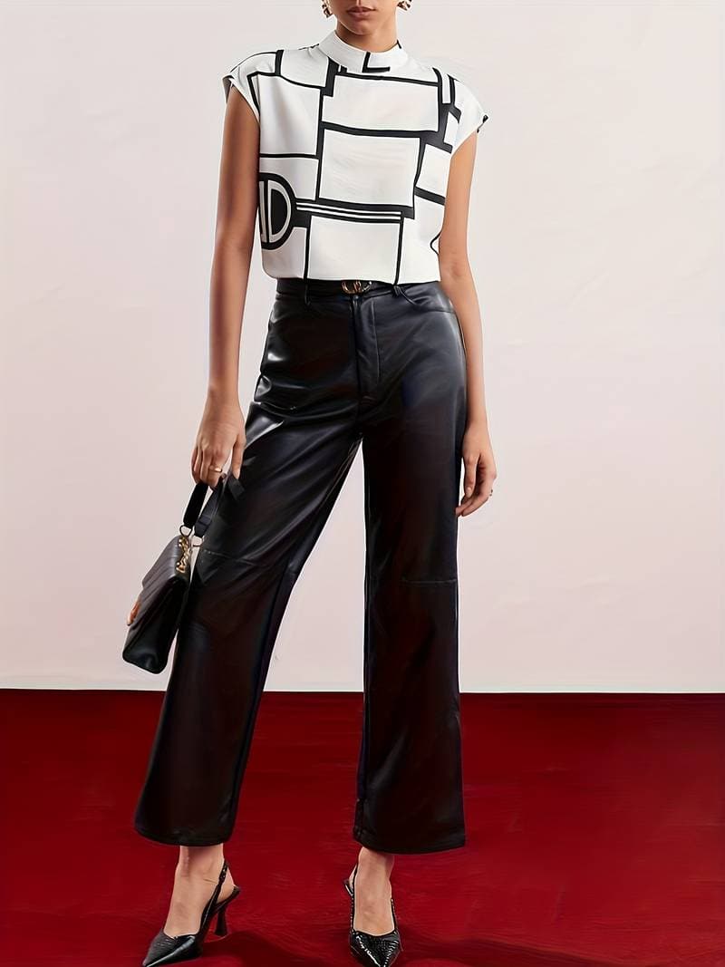 Image of Ellen | Women's Sleeveless Mock Neck Graphic Print Blouse