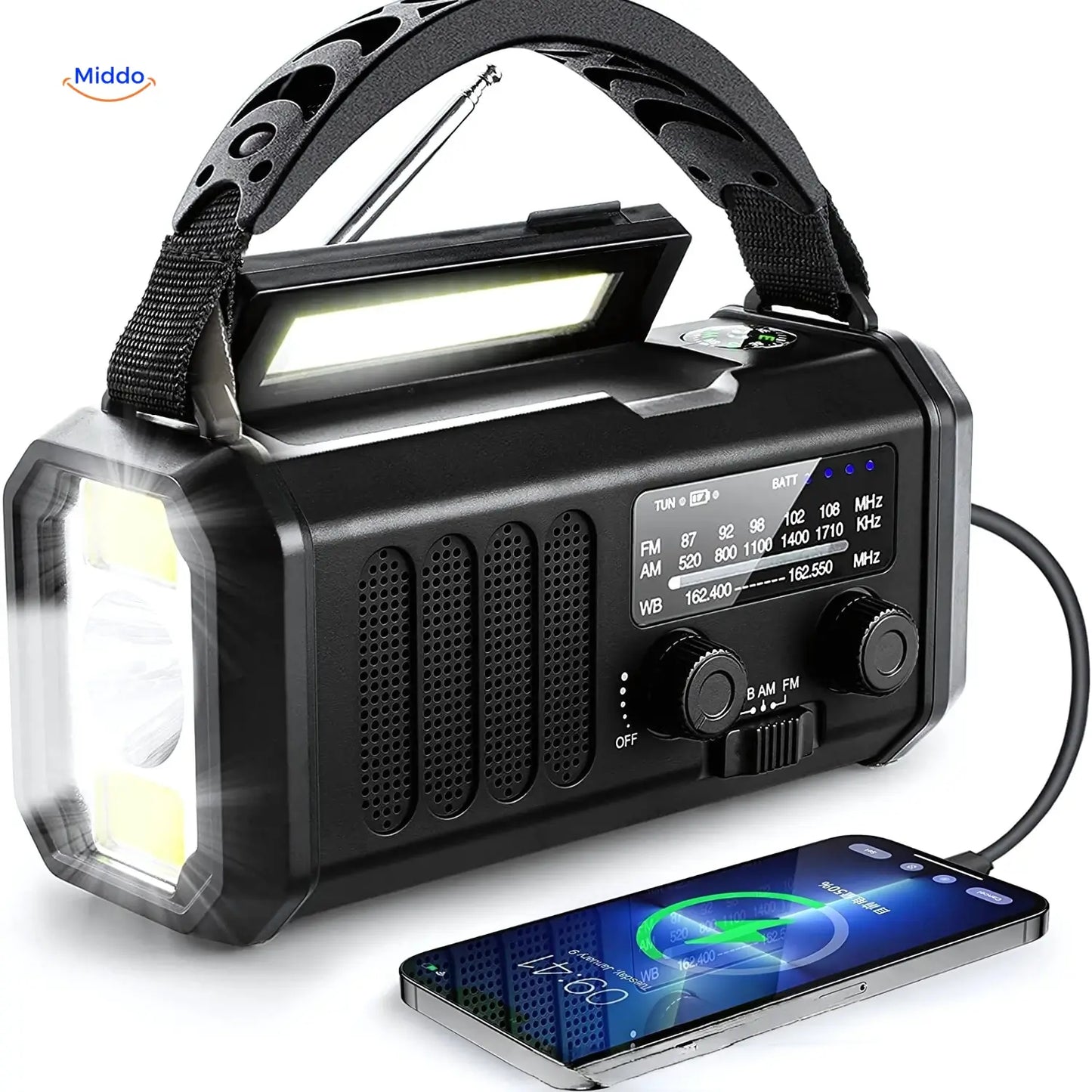 Emergency Radio, Flashlight, Reading Lamp, Compass, SOS & Solar Rechargeable – SolarPower™ Pro