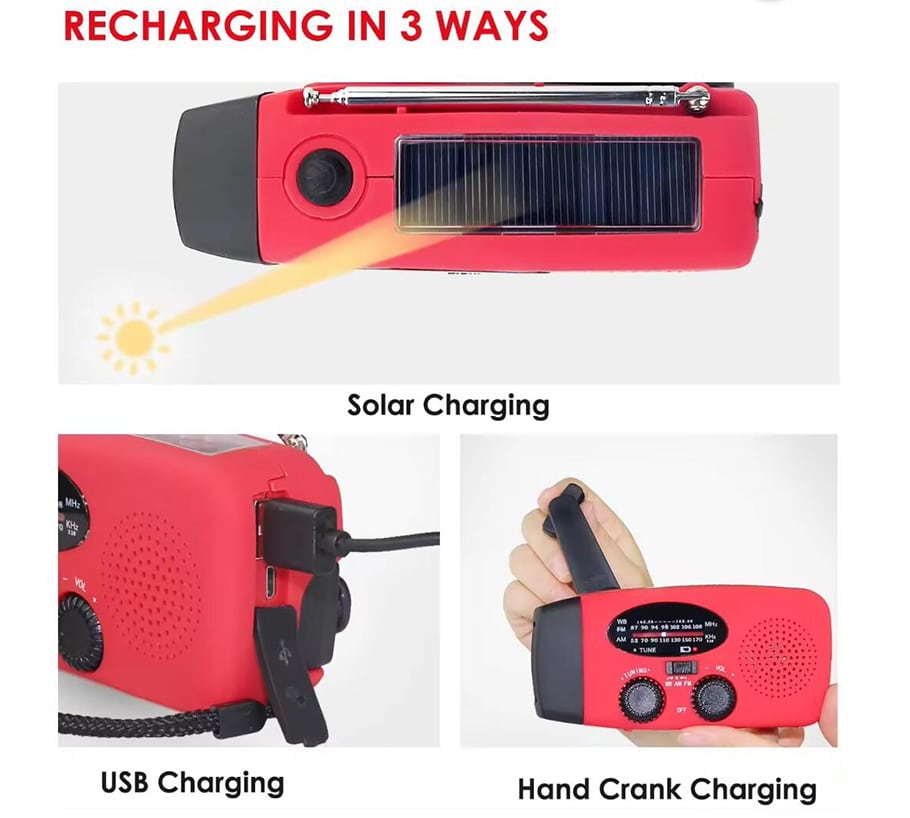 Emergency Radio FM/AM with Built-in Solar Panels, Flashlight, Powerbank & Hand Crank