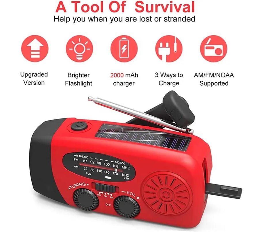 Emergency Radio FM/AM with Built-in Solar Panels, Flashlight, Powerbank & Hand Crank