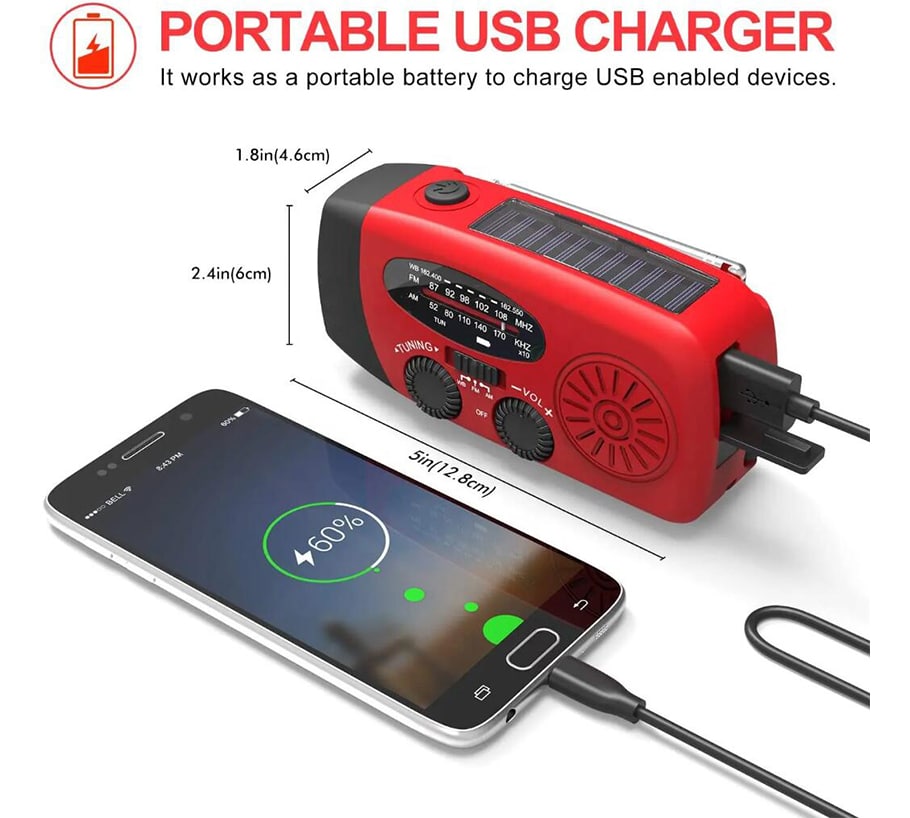 Emergency Radio FM/AM with Built-in Solar Panels, Flashlight, Powerbank & Hand Crank