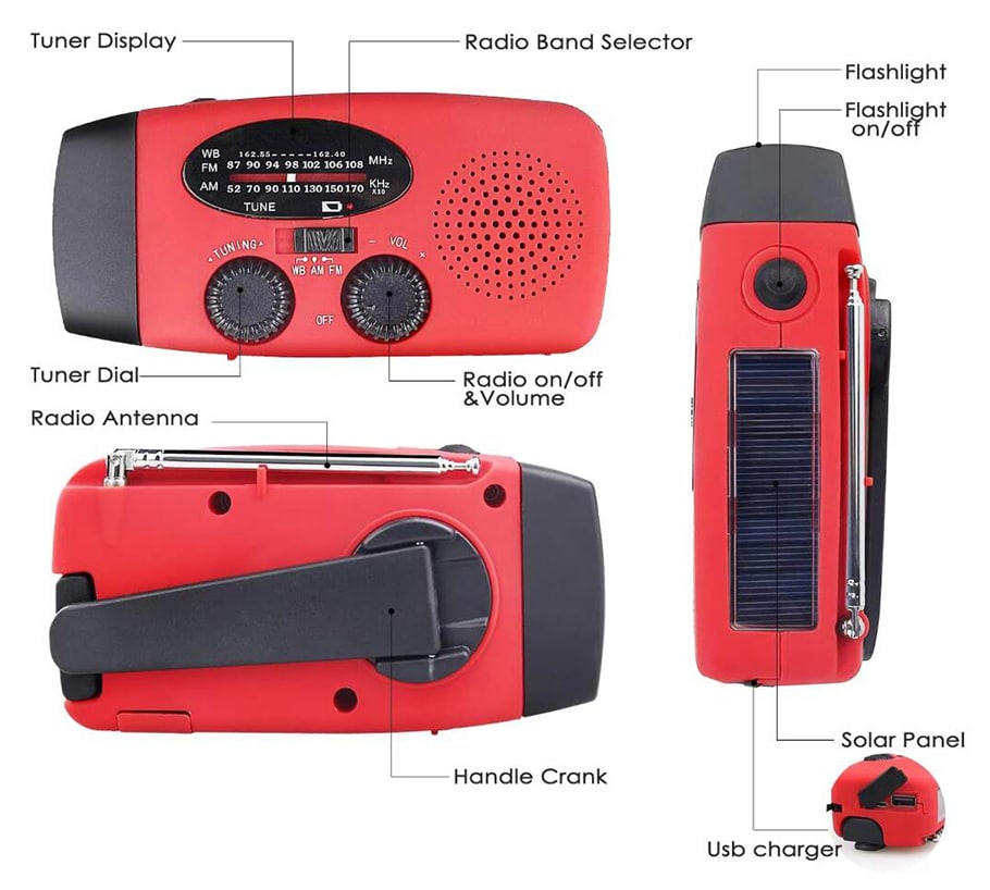 Emergency Radio FM/AM with Built-in Solar Panels, Flashlight, Powerbank & Hand Crank