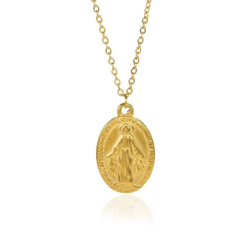 Flat Virgin Mary Pendant Necklace in Gold or Silver Plated