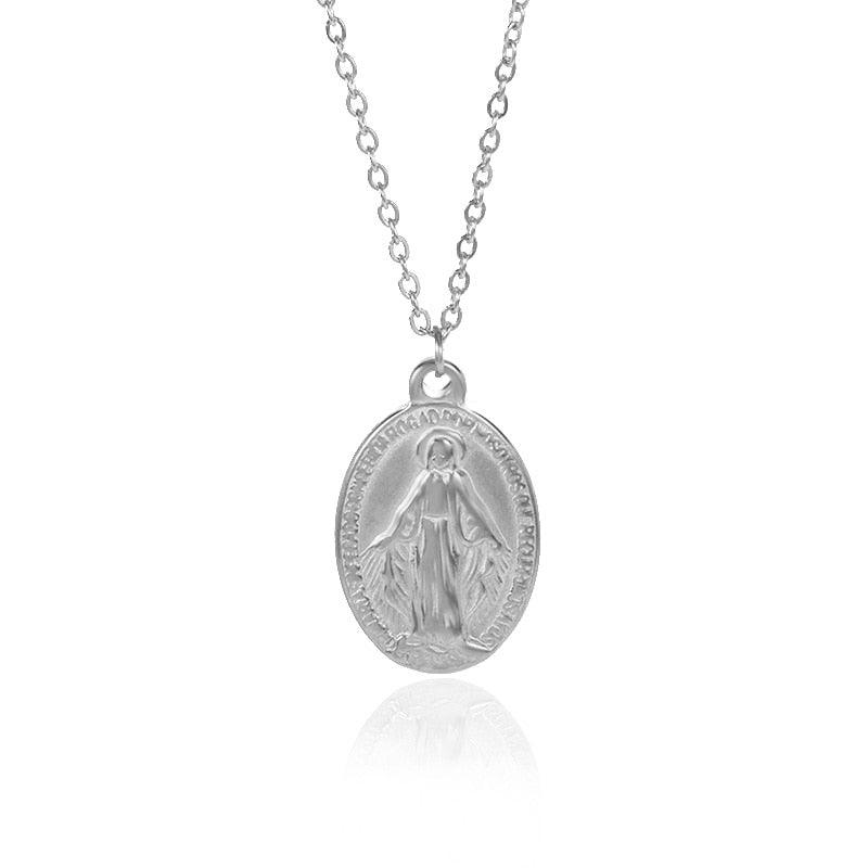 Flat Virgin Mary Pendant Necklace in Gold or Silver Plated