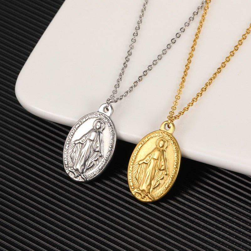 Flat Virgin Mary Pendant Necklace in Gold or Silver Plated
