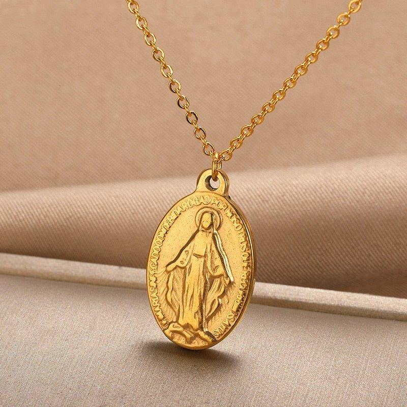 Flat Virgin Mary Pendant Necklace in Gold or Silver Plated