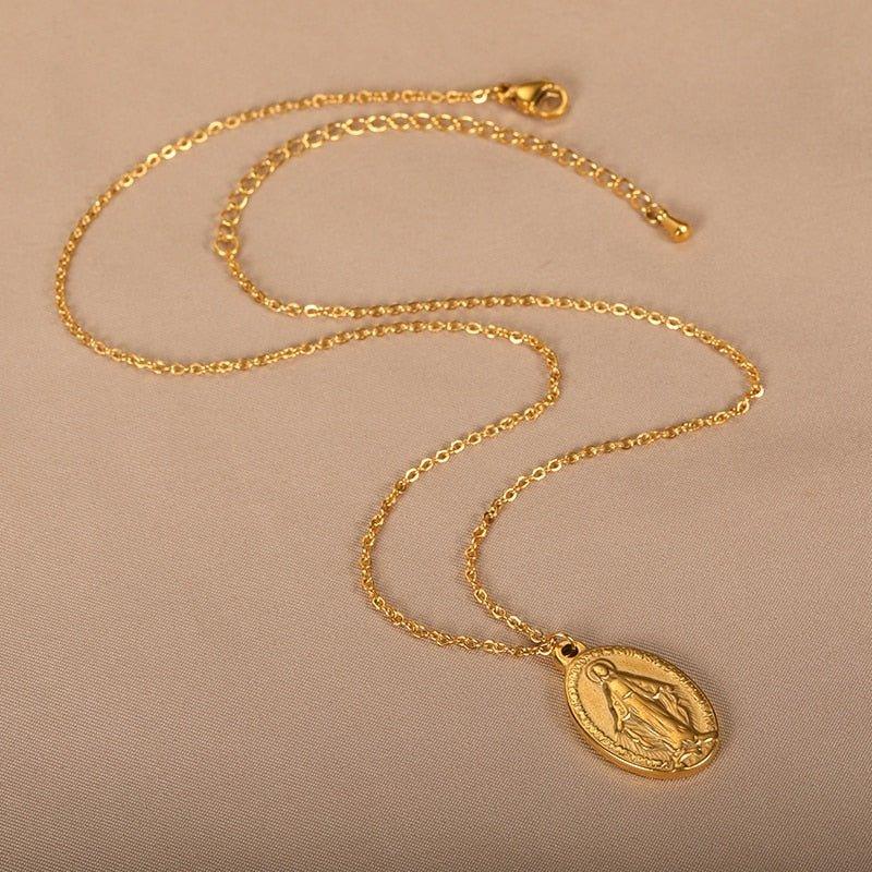 Flat Virgin Mary Pendant Necklace in Gold or Silver Plated