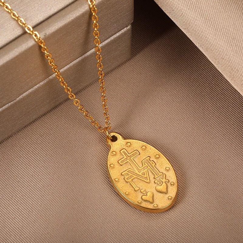 Flat Virgin Mary Pendant Necklace in Gold or Silver Plated