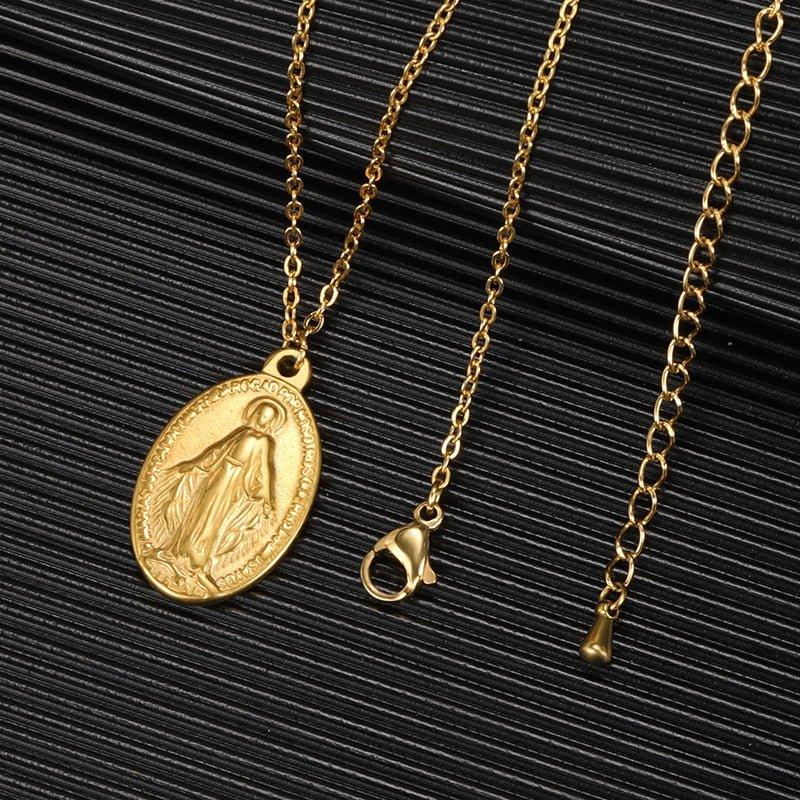 Flat Virgin Mary Pendant Necklace in Gold or Silver Plated
