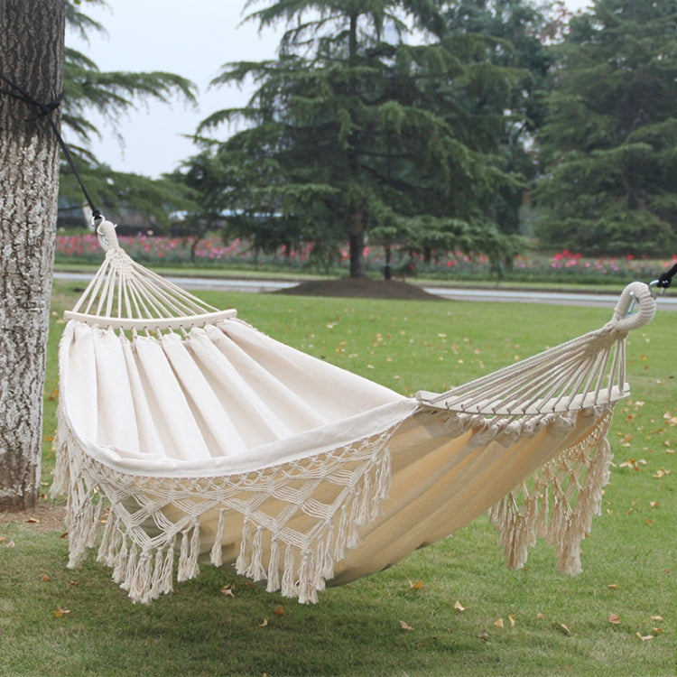 FleekFit | 200x150cm Double Outdoor Camping Tassel Canvas Hammock with Stick(White)