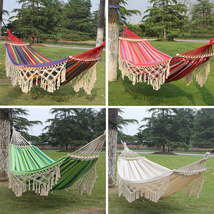 FleekFit | 200x150cm Double Outdoor Camping Tassel Canvas Hammock with Stick(White)