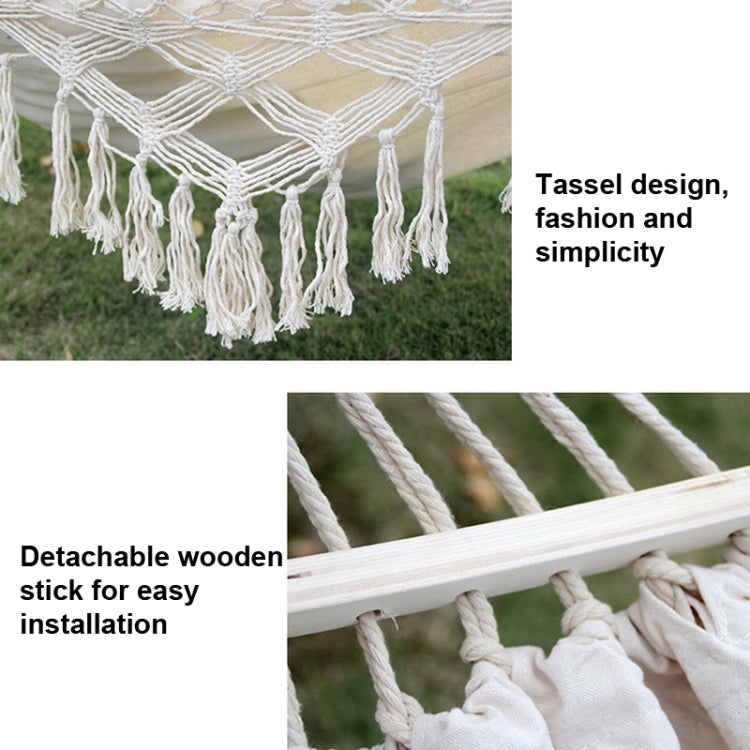 FleekFit | 200x150cm Double Outdoor Camping Tassel Canvas Hammock with Stick(White)