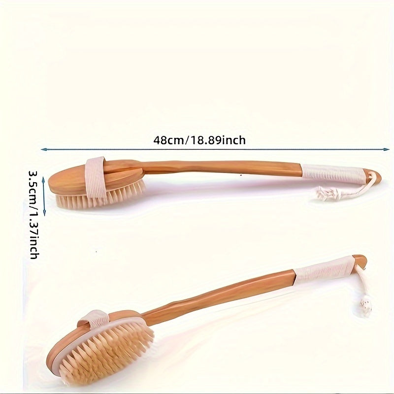 FleekFit | Back Boar Bristles Cleaning Sponge for the Shower - Long Wooden Handle Bath Sponge Brush, Soft Natural Bristles for Back Cleaning