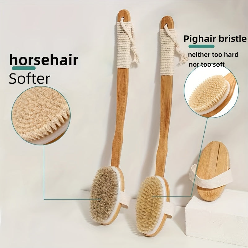 FleekFit | Back Boar Bristles Cleaning Sponge for the Shower - Long Wooden Handle Bath Sponge Brush, Soft Natural Bristles for Back Cleaning