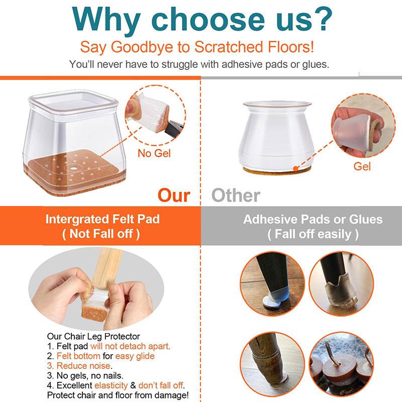 FleekFit | Clear Silicone Chair Leg Caps with Integrated Felt Pads
