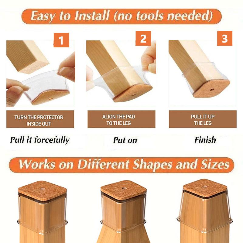 FleekFit | Clear Silicone Chair Leg Caps with Integrated Felt Pads