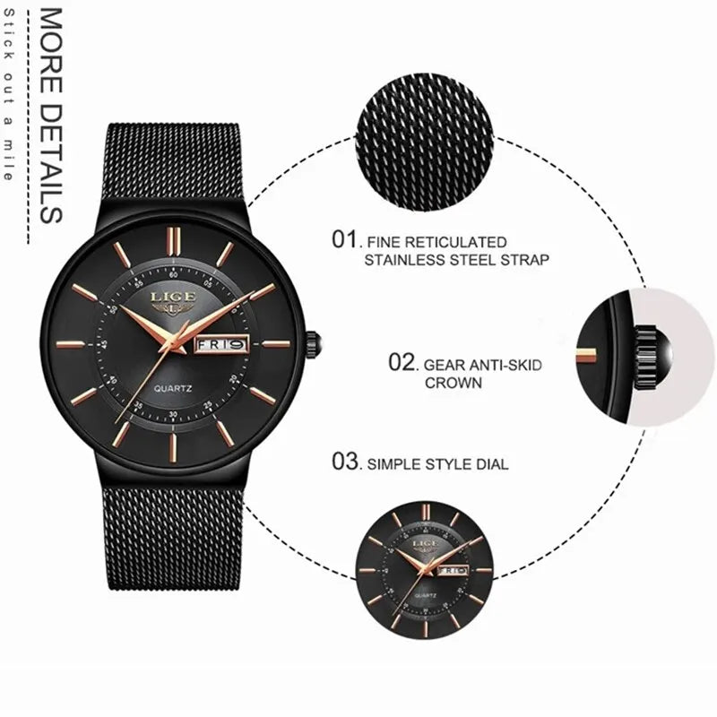 FleekFit | Luxury Men’s Ultra-Thin Waterproof Stainless Steel Quartz Watch – Elegant Date Display Sports Wristwatch