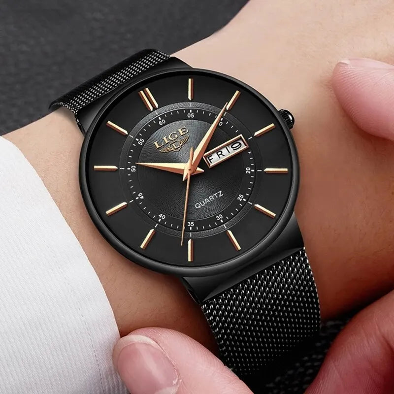 FleekFit | Luxury Men’s Ultra-Thin Waterproof Stainless Steel Quartz Watch – Elegant Date Display Sports Wristwatch