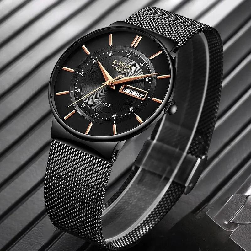 FleekFit | Luxury Men’s Ultra-Thin Waterproof Stainless Steel Quartz Watch – Elegant Date Display Sports Wristwatch