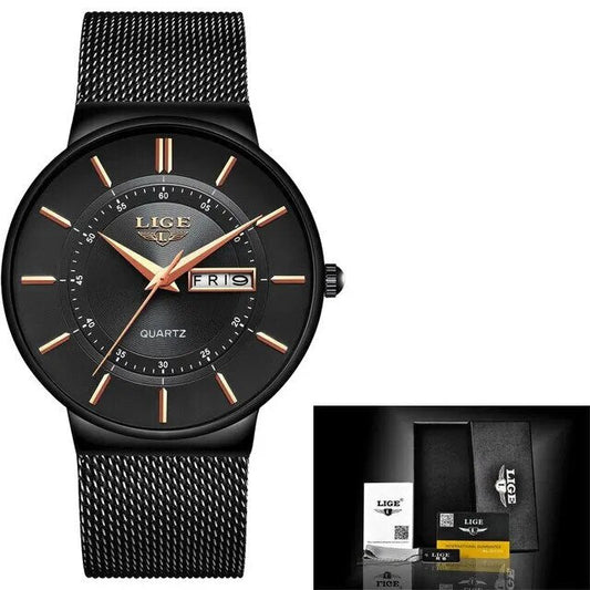 FleekFit | Luxury Men’s Ultra-Thin Waterproof Stainless Steel Quartz Watch – Elegant Date Display Sports Wristwatch