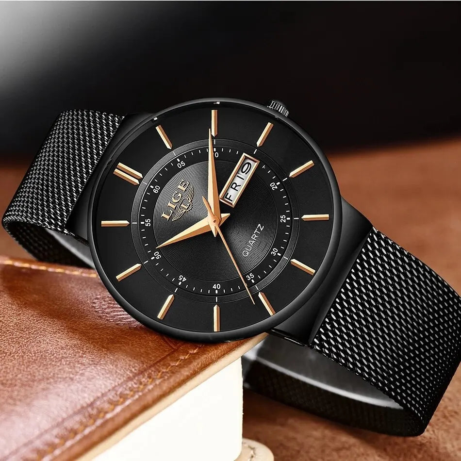 FleekFit | Luxury Men’s Ultra-Thin Waterproof Stainless Steel Quartz Watch – Elegant Date Display Sports Wristwatch