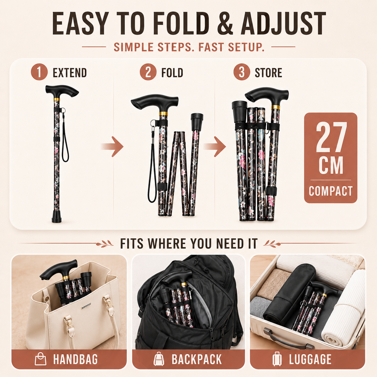 Floral Fold-Away Walking Stick