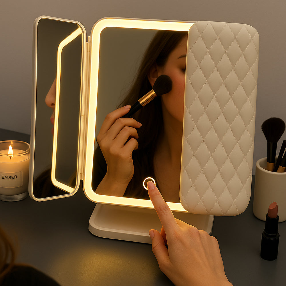 Foldable LED Vanity Makeup Mirror with Stand and Adjustable Lighting