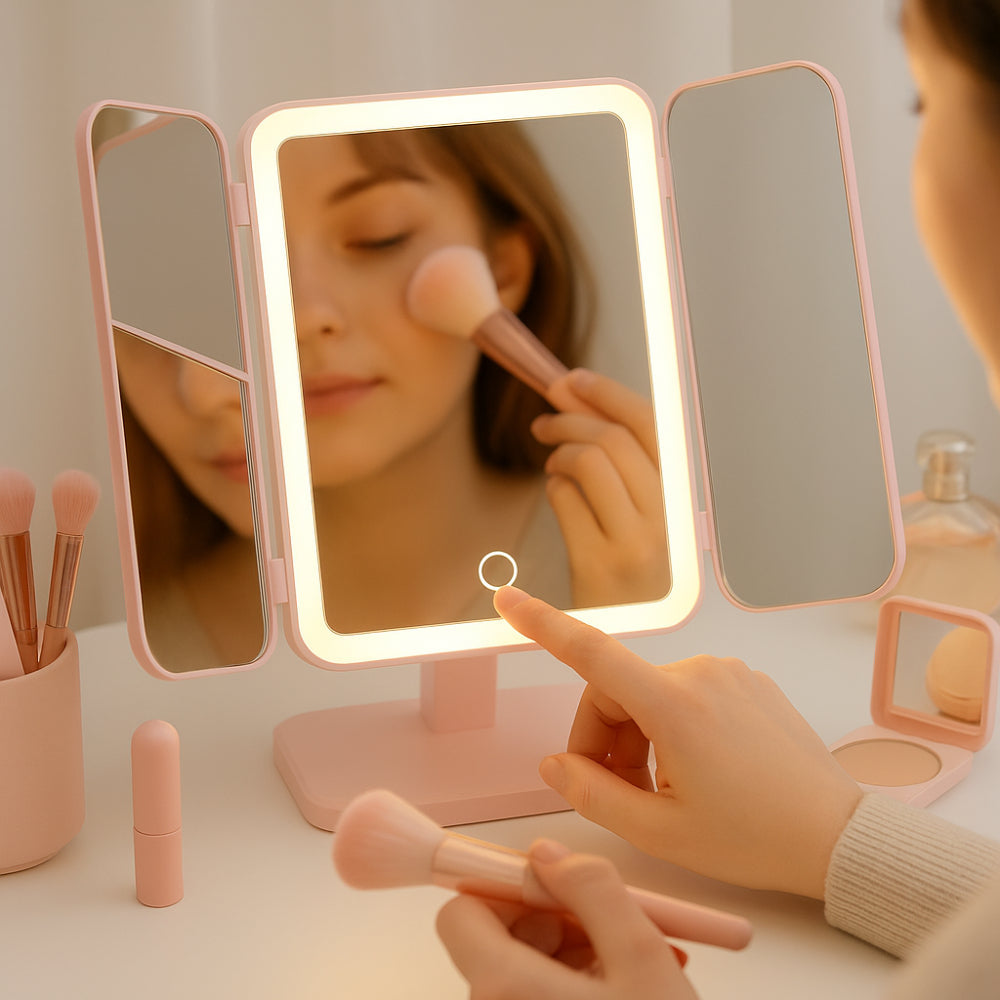 Foldable LED Vanity Makeup Mirror with Stand and Adjustable Lighting