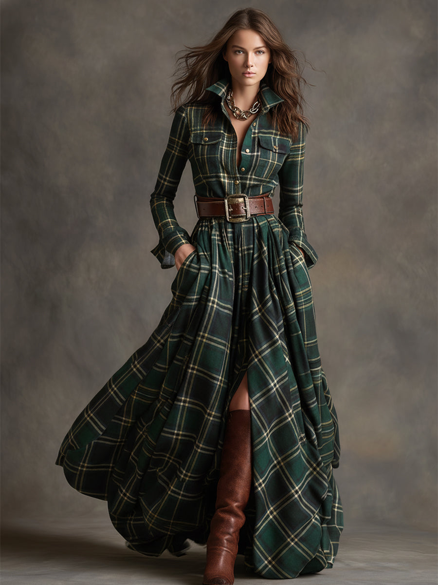 Image of Gabriella | Women's Belted Plaid Maxi Dress