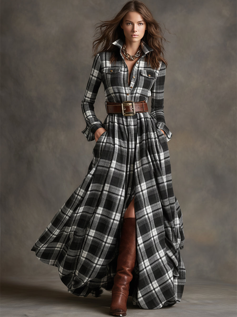 Image of Gabriella | Women's Belted Plaid Maxi Dress