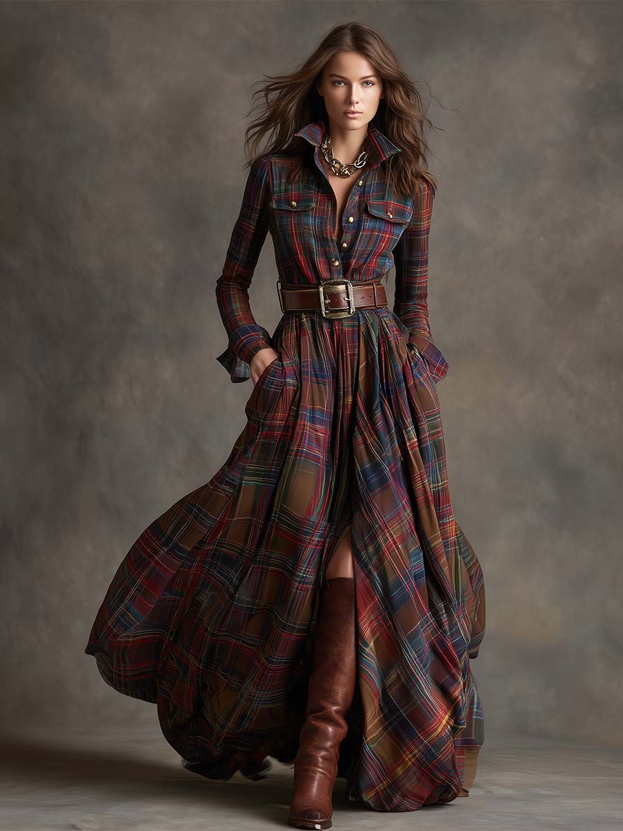 Image of Gabriella | Women's Belted Plaid Maxi Dress