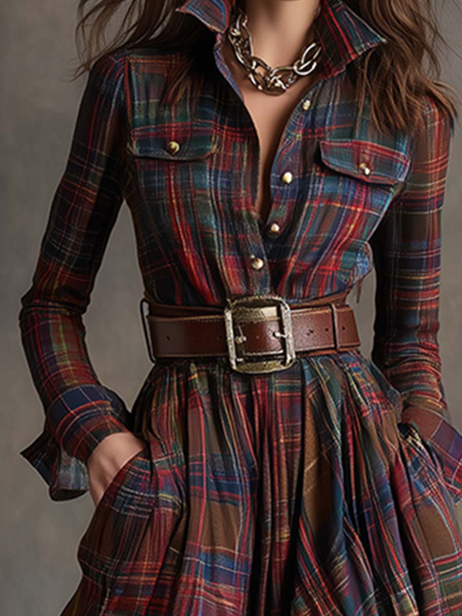 Image of Gabriella | Women's Belted Plaid Maxi Dress