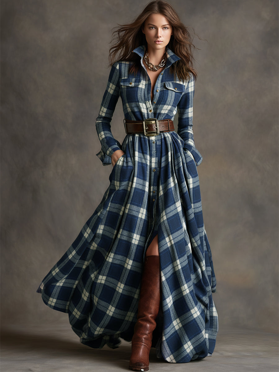 Image of Gabriella | Women's Belted Plaid Maxi Dress