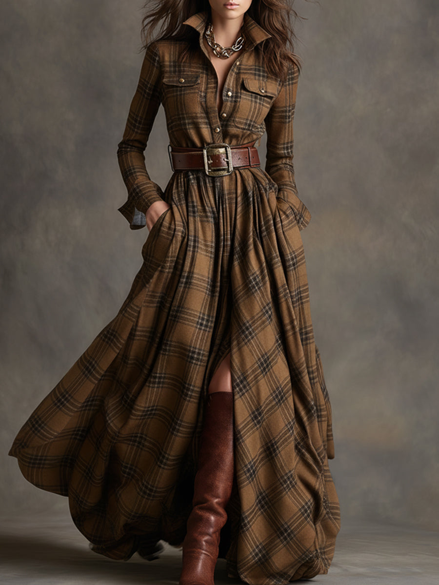 Image of Gabriella | Women's Belted Plaid Maxi Dress