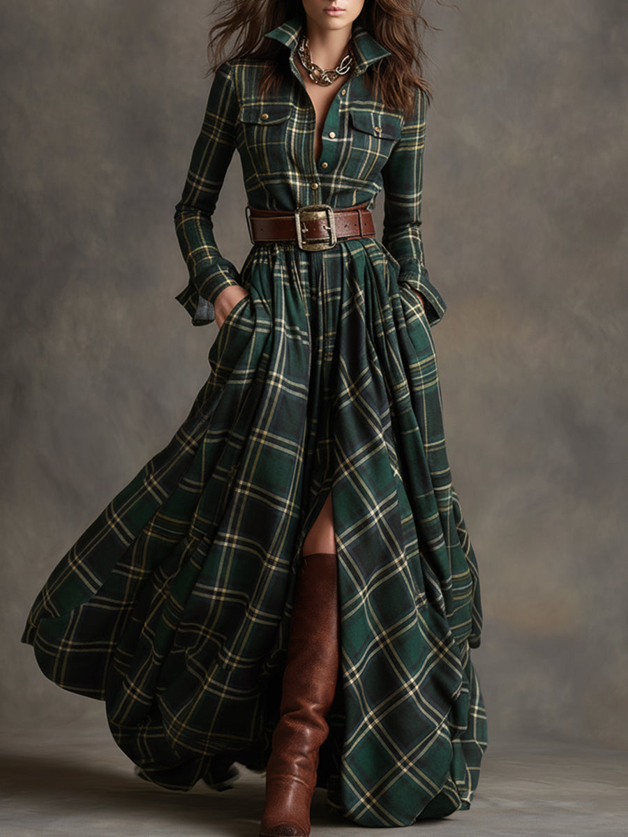 Image of Gabriella | Women's Belted Plaid Maxi Dress
