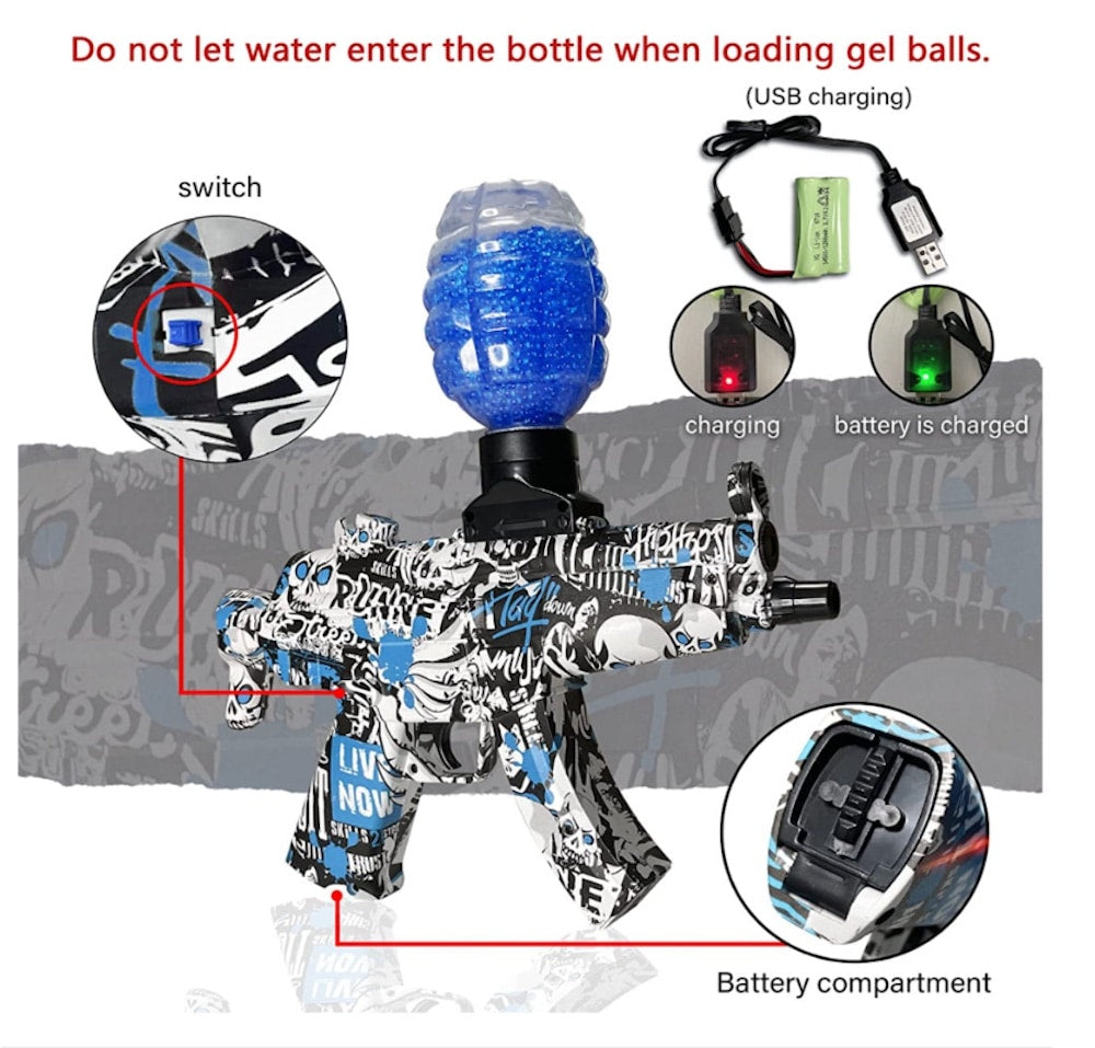 Gel Blaster Electric Submachine Gun - including gel balls - range of 20+ meters - (Extra large battery)