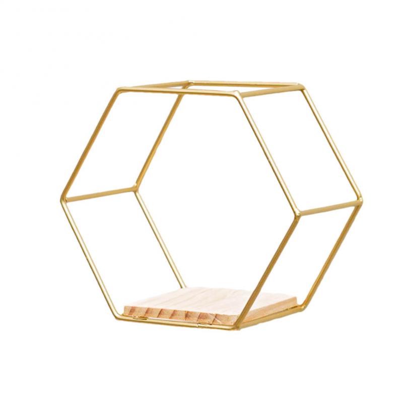 Geometric Wall Shelf with Metal Frame and Wooden Base