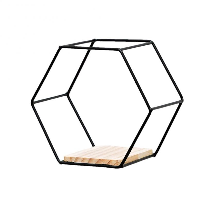 Geometric Wall Shelf with Metal Frame and Wooden Base