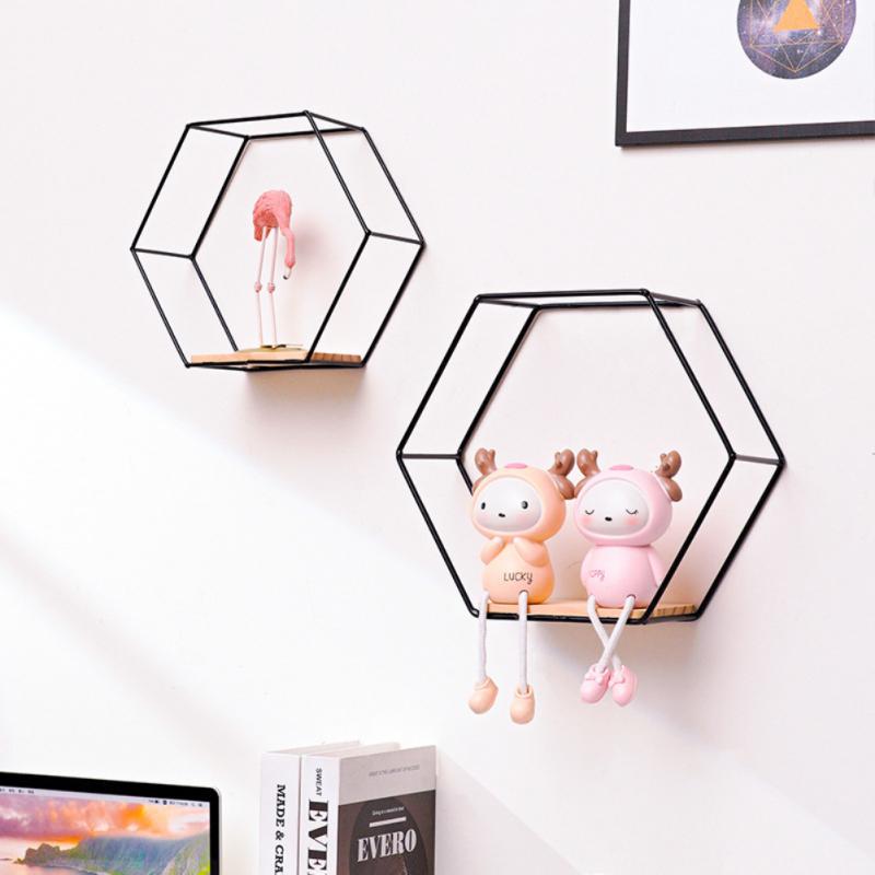 Geometric Wall Shelf with Metal Frame and Wooden Base