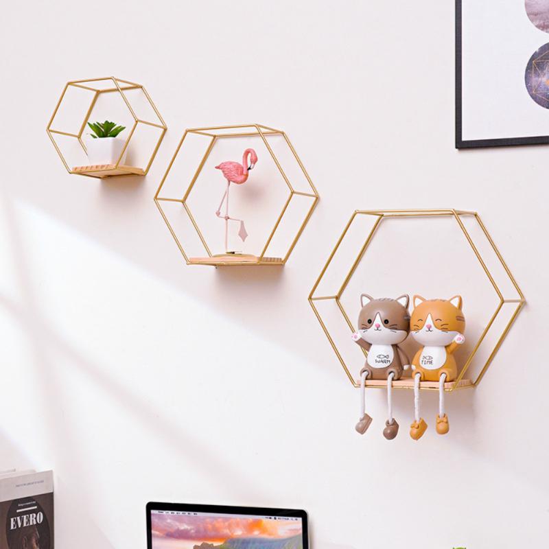 Geometric Wall Shelf with Metal Frame and Wooden Base