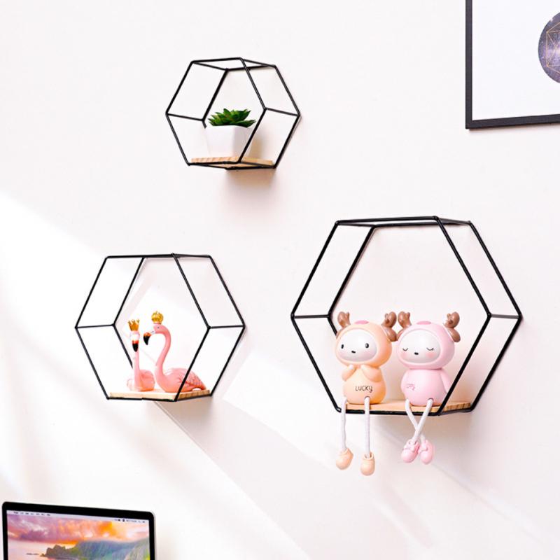 Geometric Wall Shelf with Metal Frame and Wooden Base