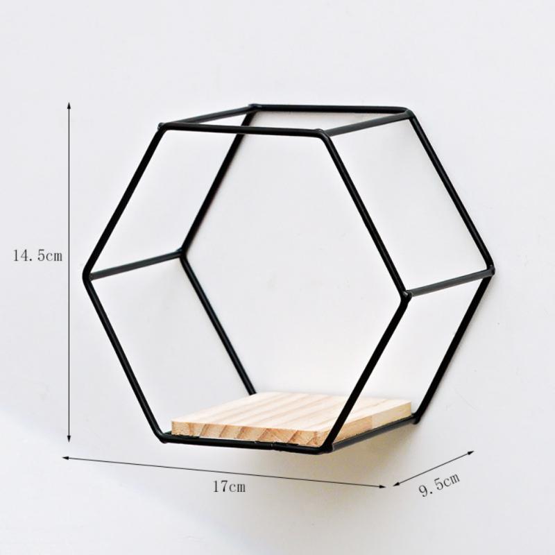 Geometric Wall Shelf with Metal Frame and Wooden Base