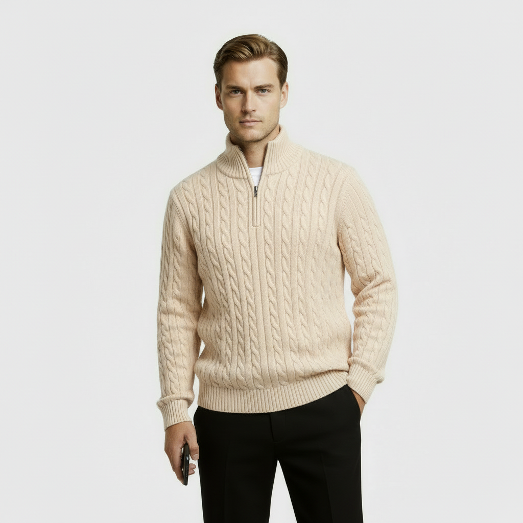 Image of George | Men's Zip Neck Cable Knit Sweater