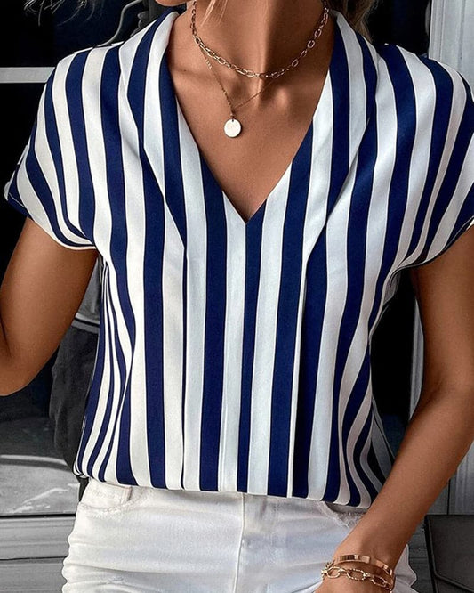 Image of Greta | Women's Relaxed V-Neck Striped Blouse