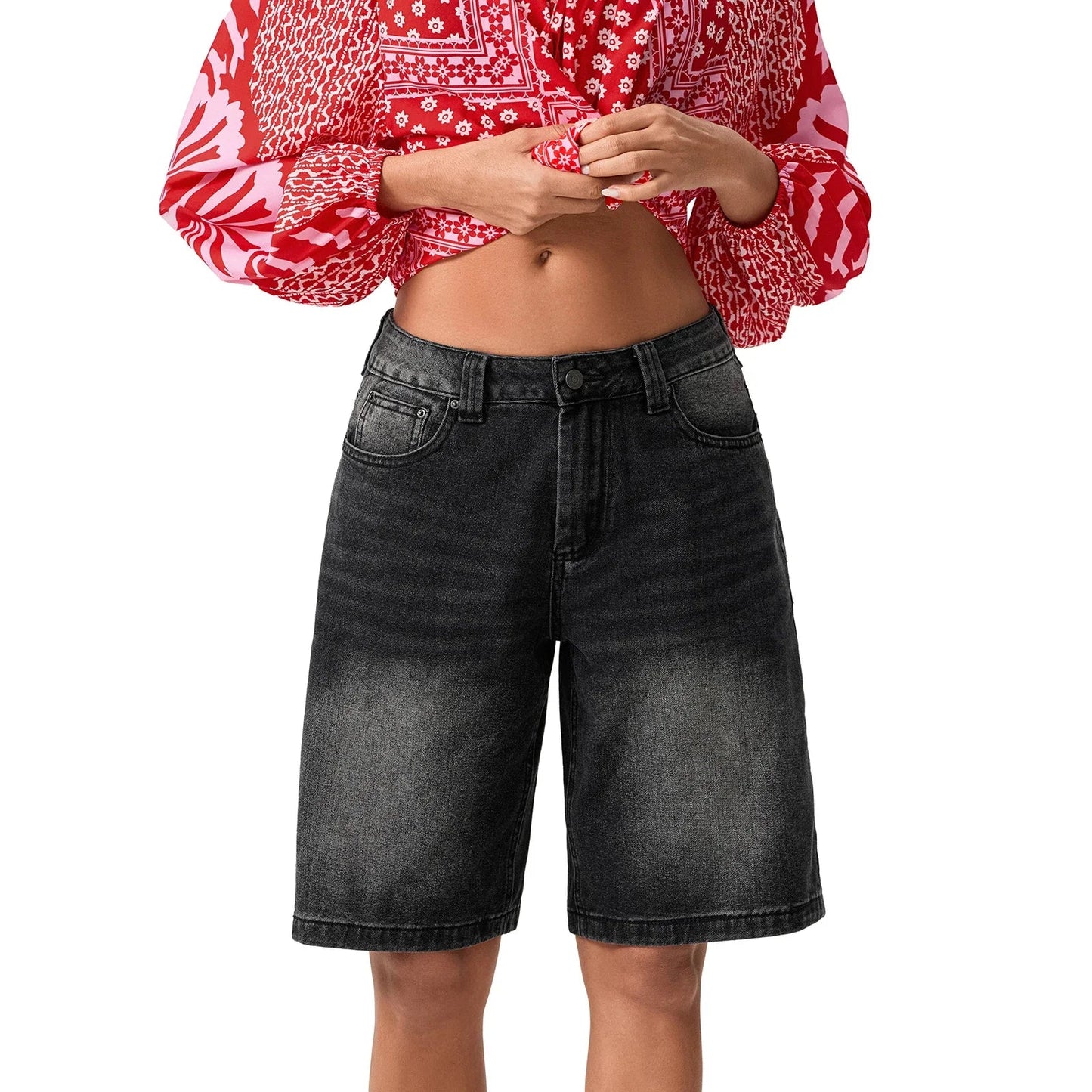 Image of Harper | Women's High-Waisted Denim Bermuda Shorts