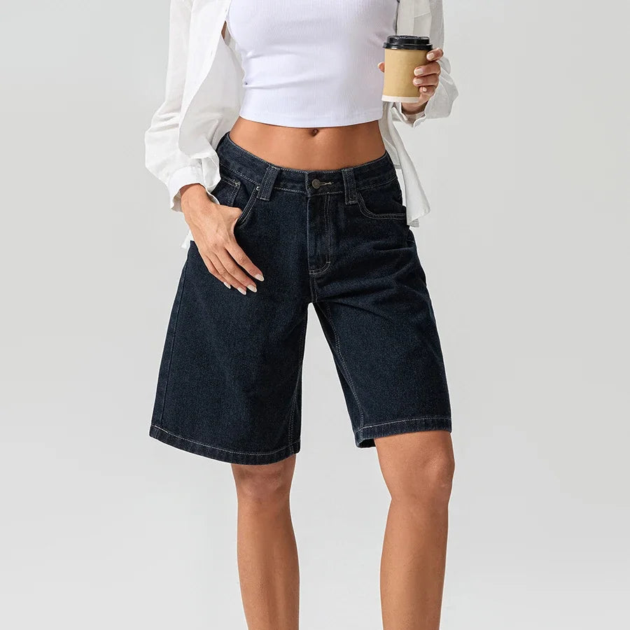 Image of Harper | Women's High-Waisted Denim Bermuda Shorts