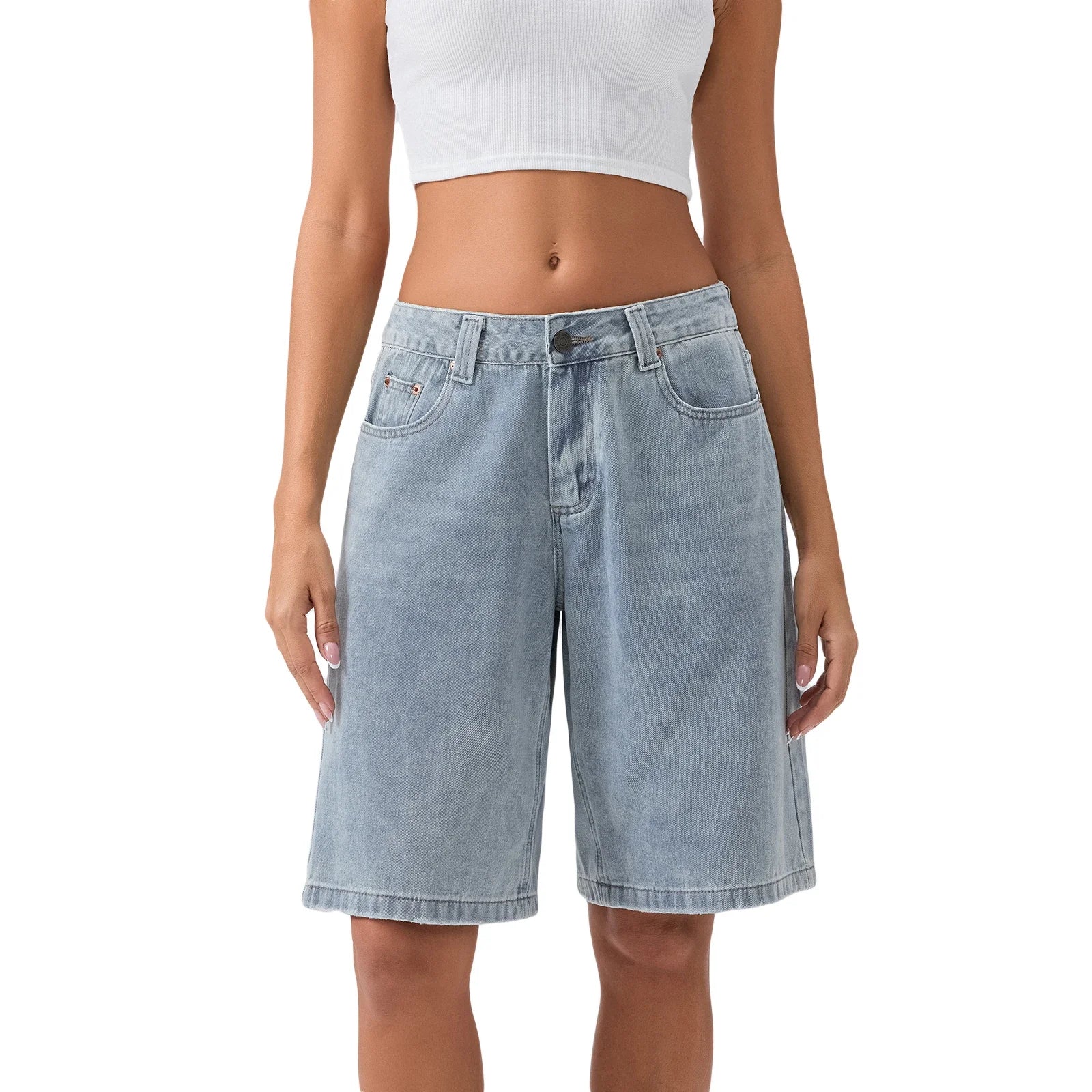 Image of Harper | Women's High-Waisted Denim Bermuda Shorts