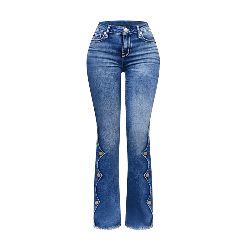 High-Waisted Stretch Flare Denim Jeans with Raw Fringe Hem