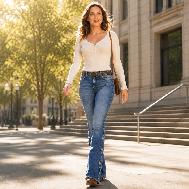 High-Waisted Stretch Flare Denim Jeans with Raw Fringe Hem