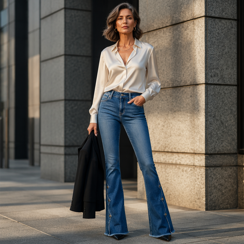 High-Waisted Stretch Flare Denim Jeans with Raw Fringe Hem